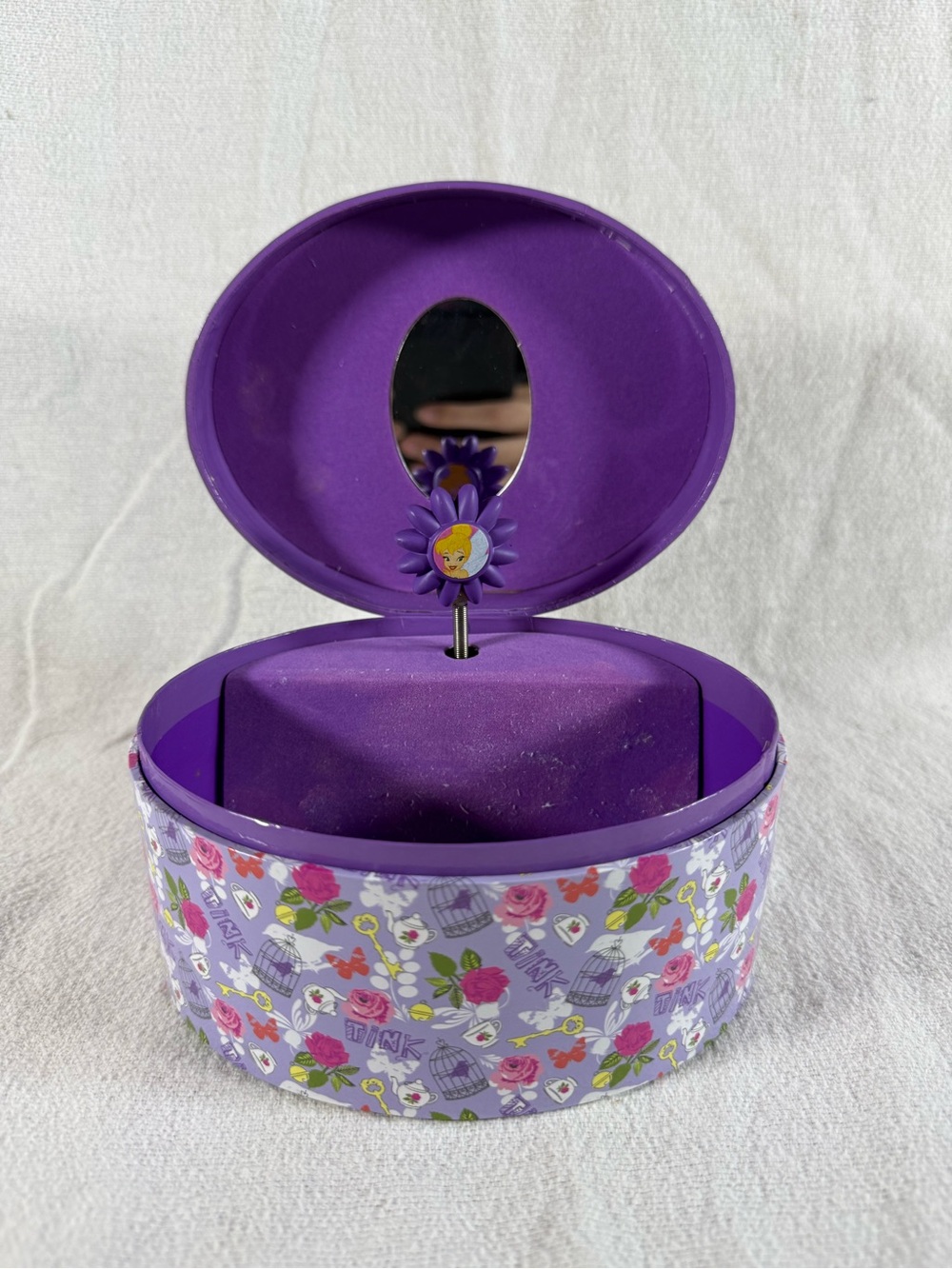 Disney 2013 Purple TinkerBell Floral Round Music Jewelry Box with Mirror